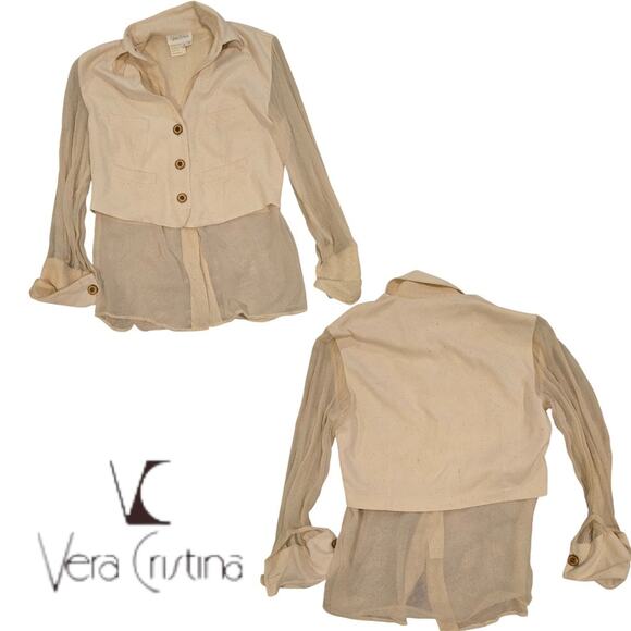Vest Shirt Combo 100% Silk Sheer Blouse Attached Button Vest Cream Size S /XS - Picture 1 of 4
